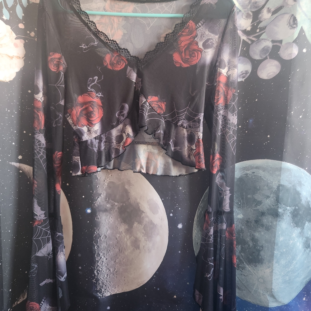Sheer Floral,skull,cobweb  Top